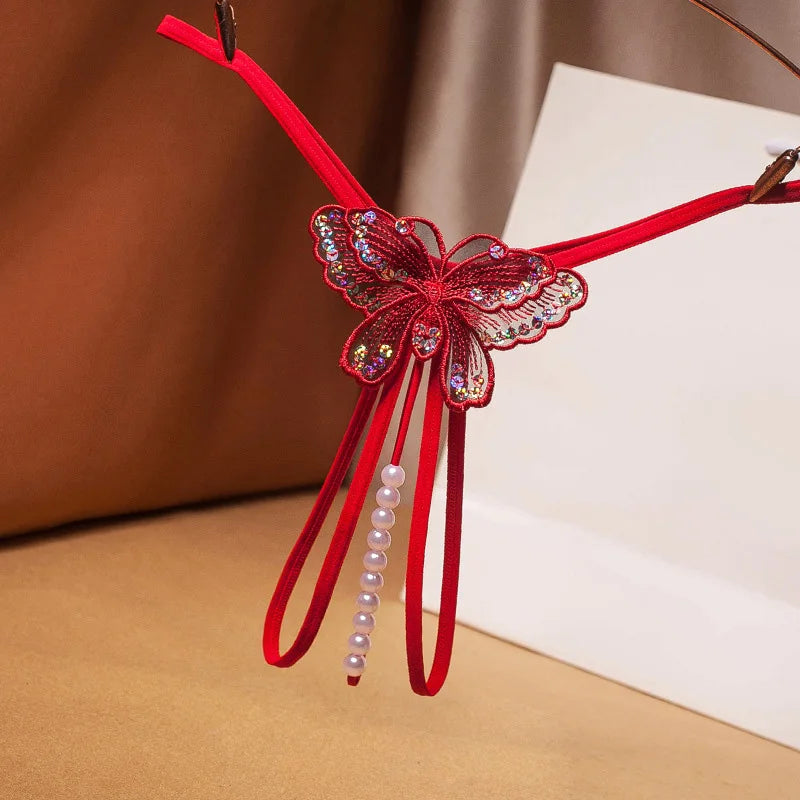 String Papillon brodée de fleur et de perle