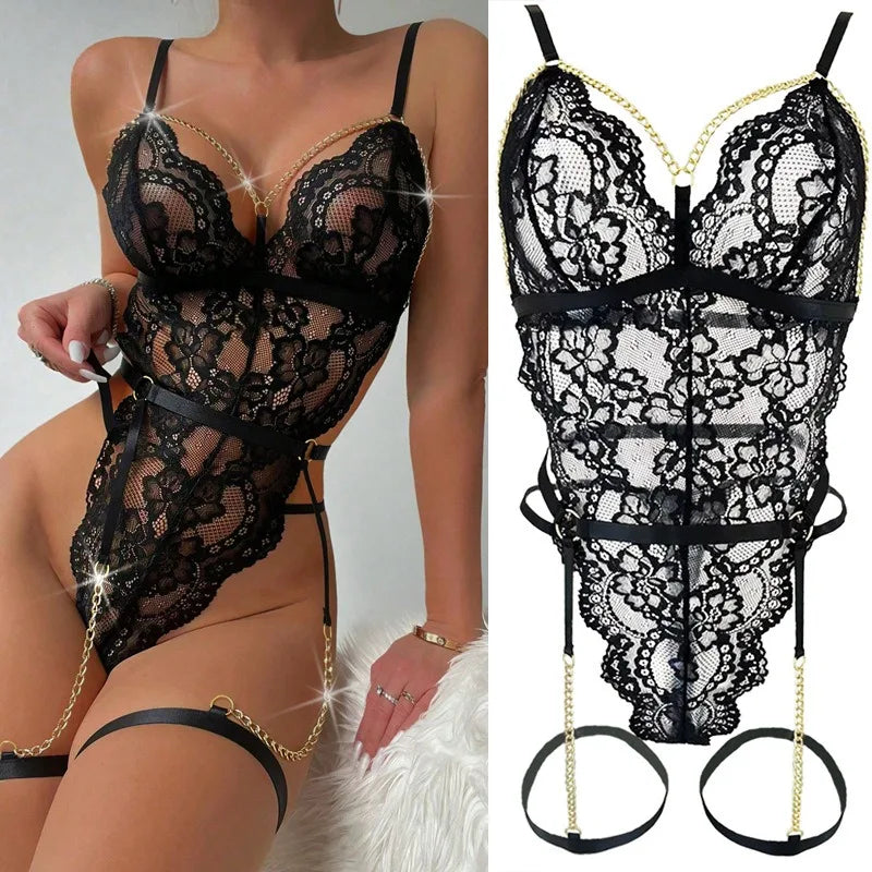 Olivia Open lace lingerie with black chain